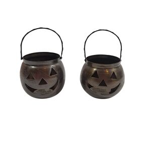Vintage Hosley Jack O Lantern Votive Metal Candle Holders Set Of 2